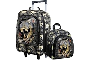 FTJCF 2Pcs Boys Suitcase Set, 18" Dinosaur Kids Carry on Luggage with Wheels, Cute Children Travel Rolling with 12" Toddler Backpack(Black)