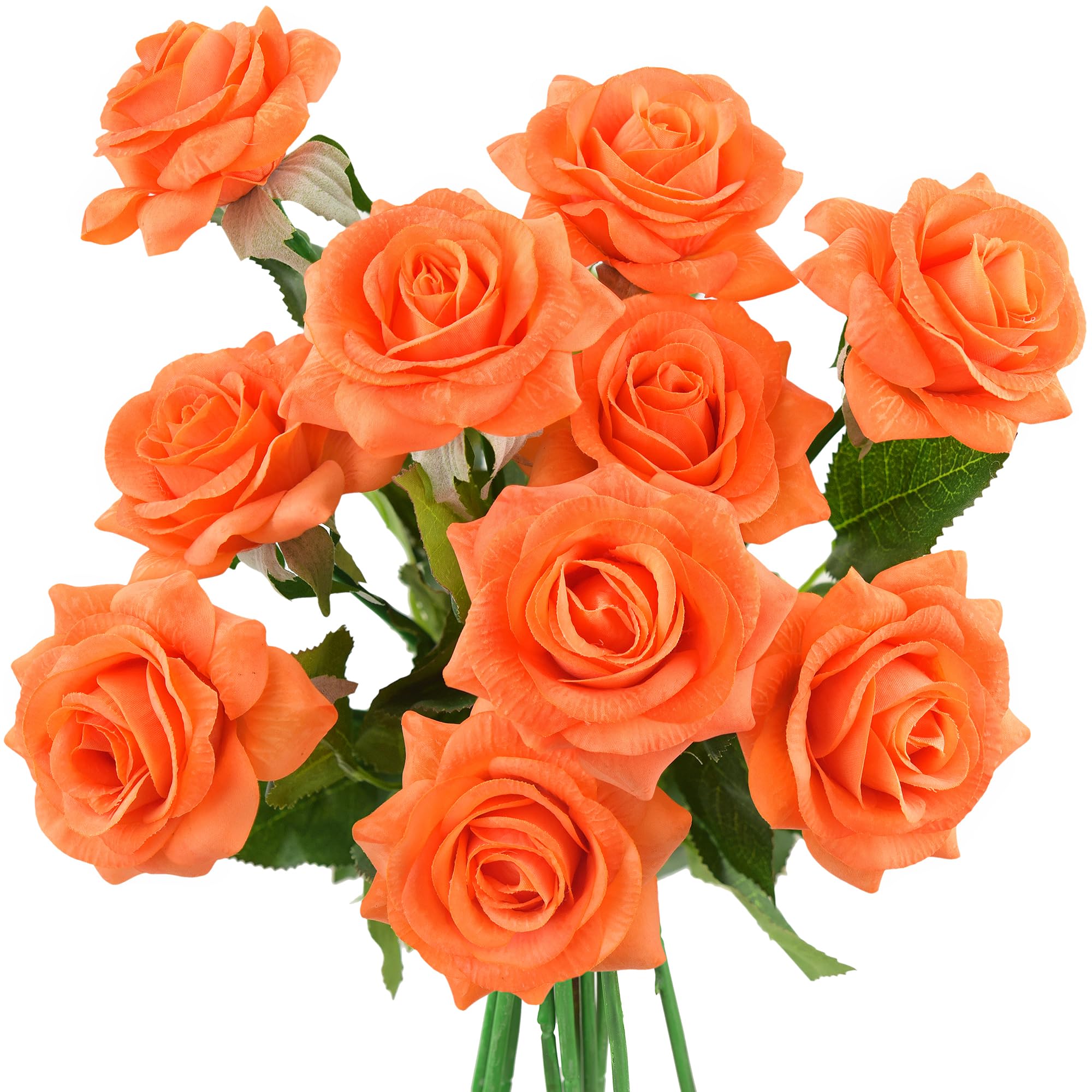 Real Touch Orange Roses Artificial Silk Flowers Bouquet ‘Petals Feel and Look like Fresh Roses' Floral Arrangements 10 Stems