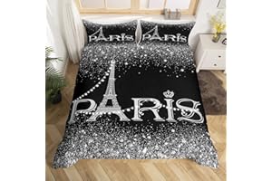 Erosebridal Eiffel Tower Duvet Cover for Girls,Black White Romantic Paris Bedding Set King,Glitter Diamond Comforter Cover All Season,Sparkles Sequins Quilt Cover with 2 Pillowcases Bedroom Decor