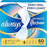 Always Infinity FlexFoam Pads for Women, Size 1, Regular Pad with Wings, Unscented, Up to Zero Feel, Zero Leaks, 60 Count
