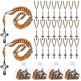 Equsion 24 Set Wooden Bead Rosary Necklace Catholic Rosary Wood Carved Beads with Jesus Cross Our Father Solid with Organza Bag Pouch Baptism Favors Catholic Gift