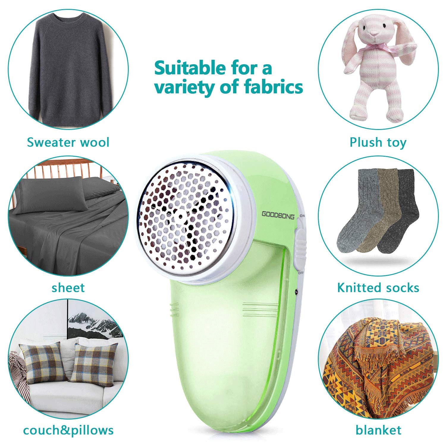 GOODBONG Fabric Shaver Rechargeable, Electric Lint Remover, Sweater Shaver Defuzzer 1 Replaceable Stainless Steel 3-Blades, Removable Bin, Dual Protection - White Green