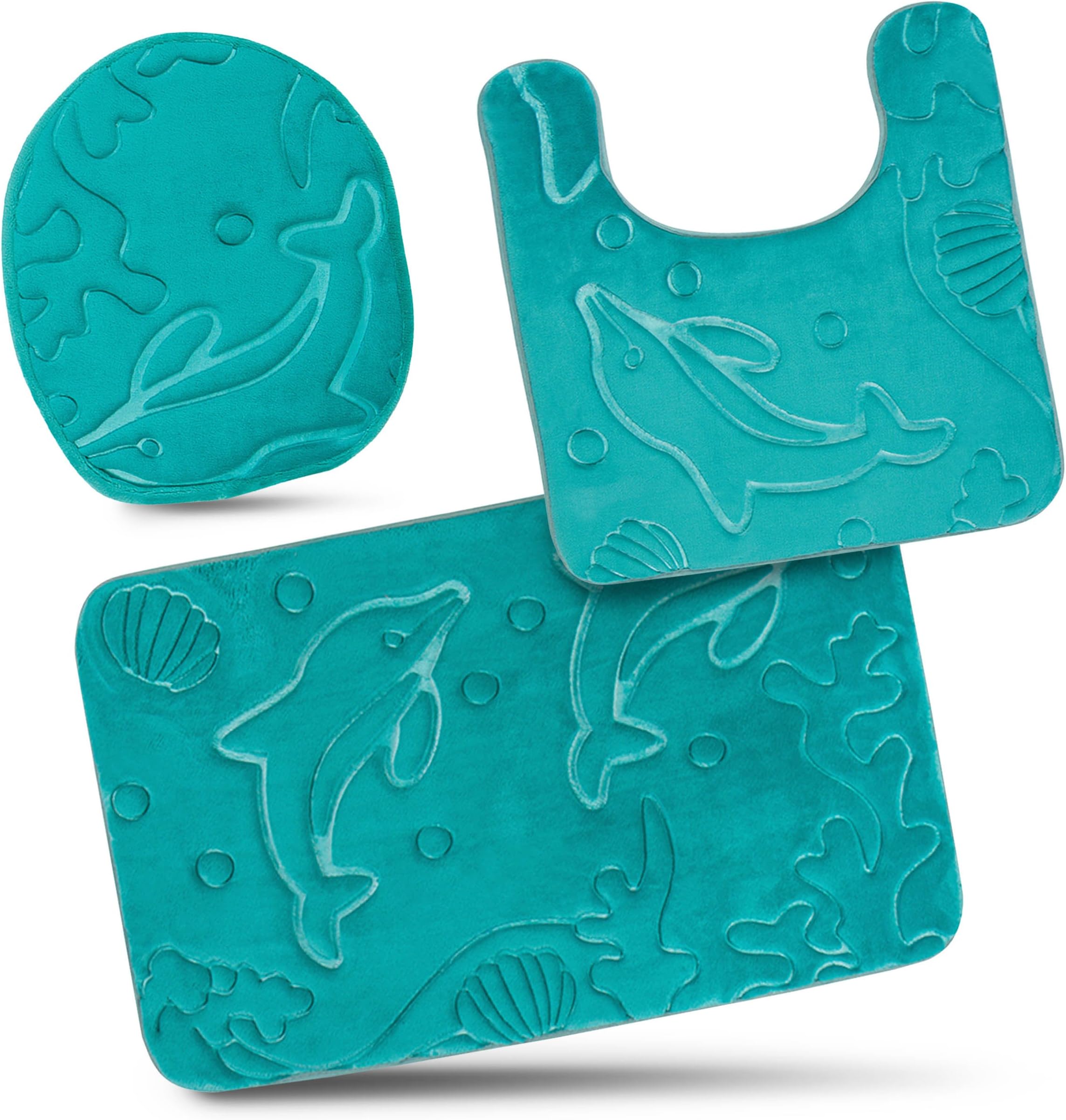 Bathroom Rug Mats Set 3 Piece - Memory Foam Extra Soft Shower Bath Rugs – Contour Mat and Lid Cover - Perfect Combination of Luxury and Comfort - Aqua Teal/Dolphins