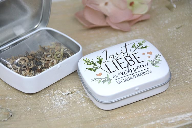 3 STÜCK Geschenke für Hochzeitsgäste - Gastgeschenk zur Hochzeit personalisierte Döschen Lasst Liebe wachsen inkl. Blumensame