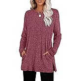 SAMPEEL Womens Sweaters Crewneck Long Sleeve Shirts with Pockets Fall Outfits 2025 Fashion Winter Clothing Side Slit