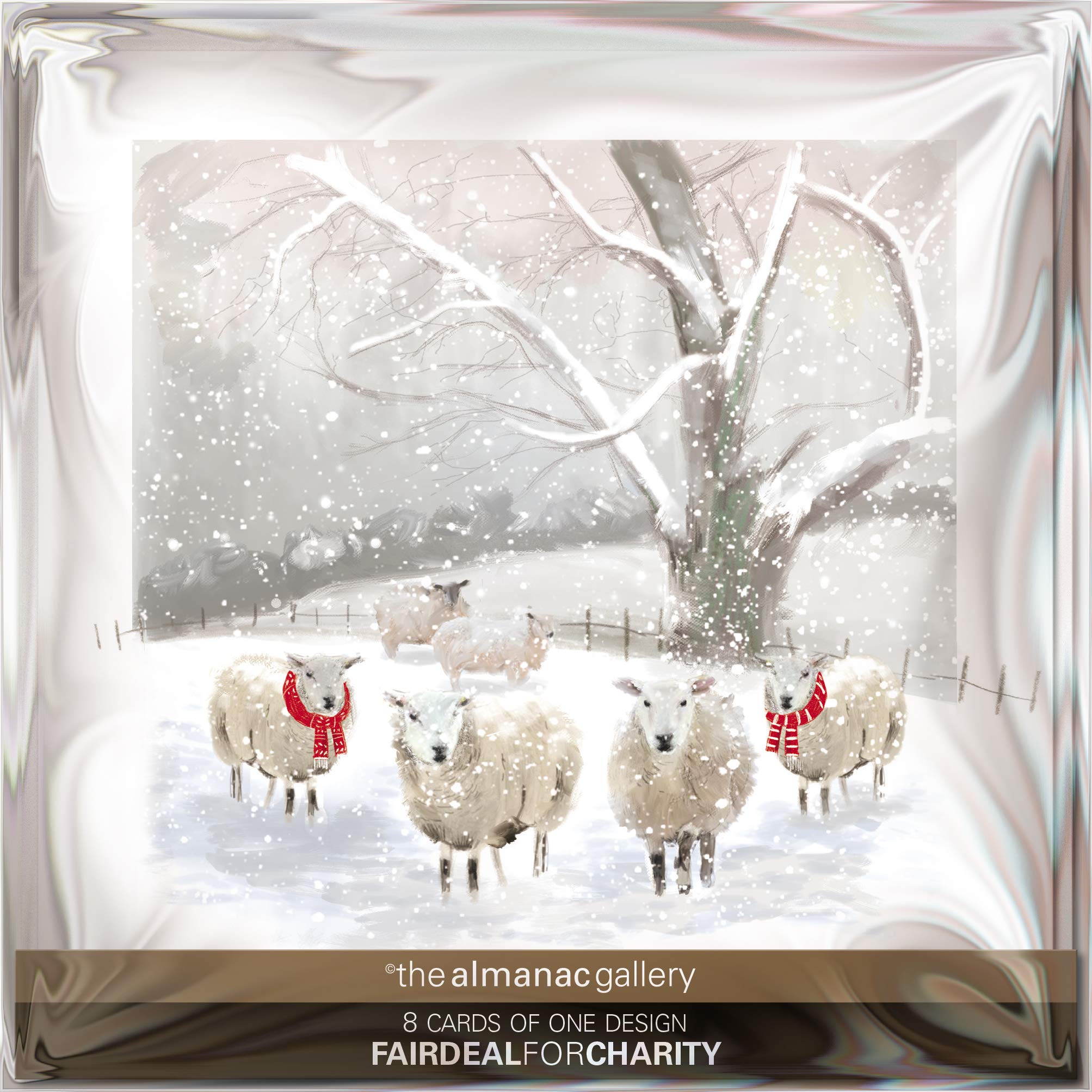 The Almanac Gallery Pack of 8 Artistic Charity Christmas Cards - In the Bleak Midwinter, Sheep in Snow - 8 Cards of 1 Design - From