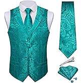 DiBanGu Men's Vest and Tie Set Silk Paisley Suit Vest and Necktie Pocket Square Cufflinks with Tie Clip for Wedding Party