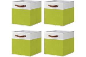ArcaGuru 13x13x13 Storage Cube Bins, Foldable Fabric Organizer Bins Storage Cubes Baskets Box Drawers for Shelves, Closet, Wardrobe, Bookshelf, 4 Pack, White/Green
