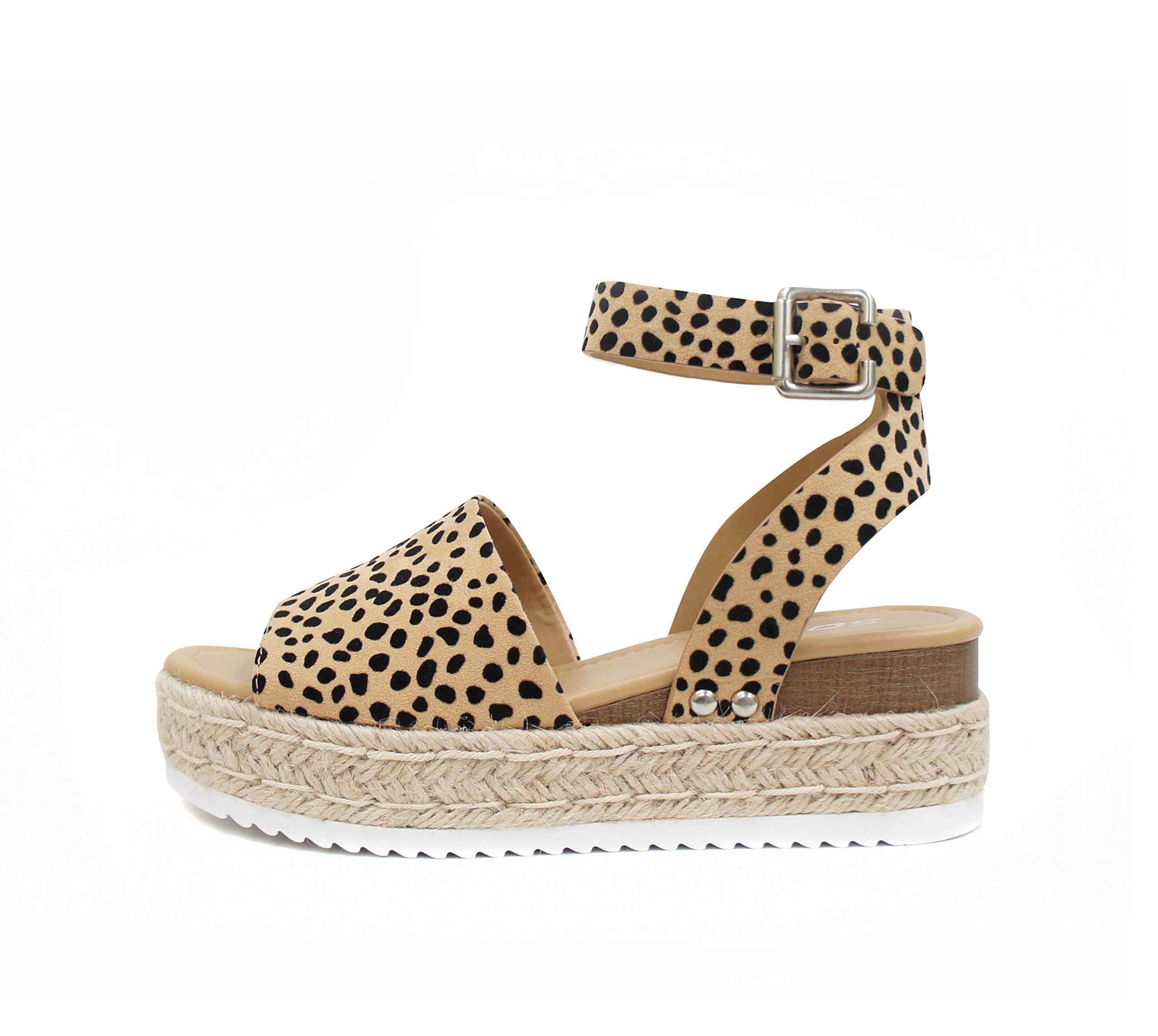 Soda Topic Open Toe Buckle Ankle Strap Espadrilles Flatform Wedge Casual Sandal (Leopard, 6) Image