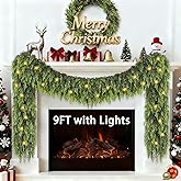 9FT Cedar Garland with Lights, Prelit Christmas Garland Artificial Realistic, Real Touch Pine Christmas Garland for Mantle Stairs Outdoor Decoration, Battery Operated Faux Greenery Garlands Thick Lush