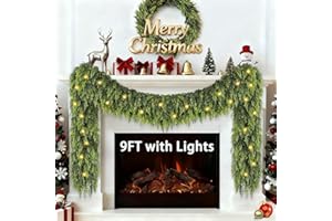 PCFCZ 9FT Cedar Garland with Lights, Prelit Christmas Garland Artificial Realistic, Real Touch Pine Christmas Garland for Mantle Stairs Outdoor Decoration, Battery Operated Faux Greenery Garlands Thick Lush
