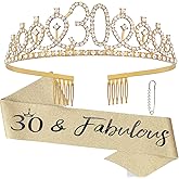 CAVETEE Gold 30 & Fabulous Birthday Sash and Crown Tiara Set for Women