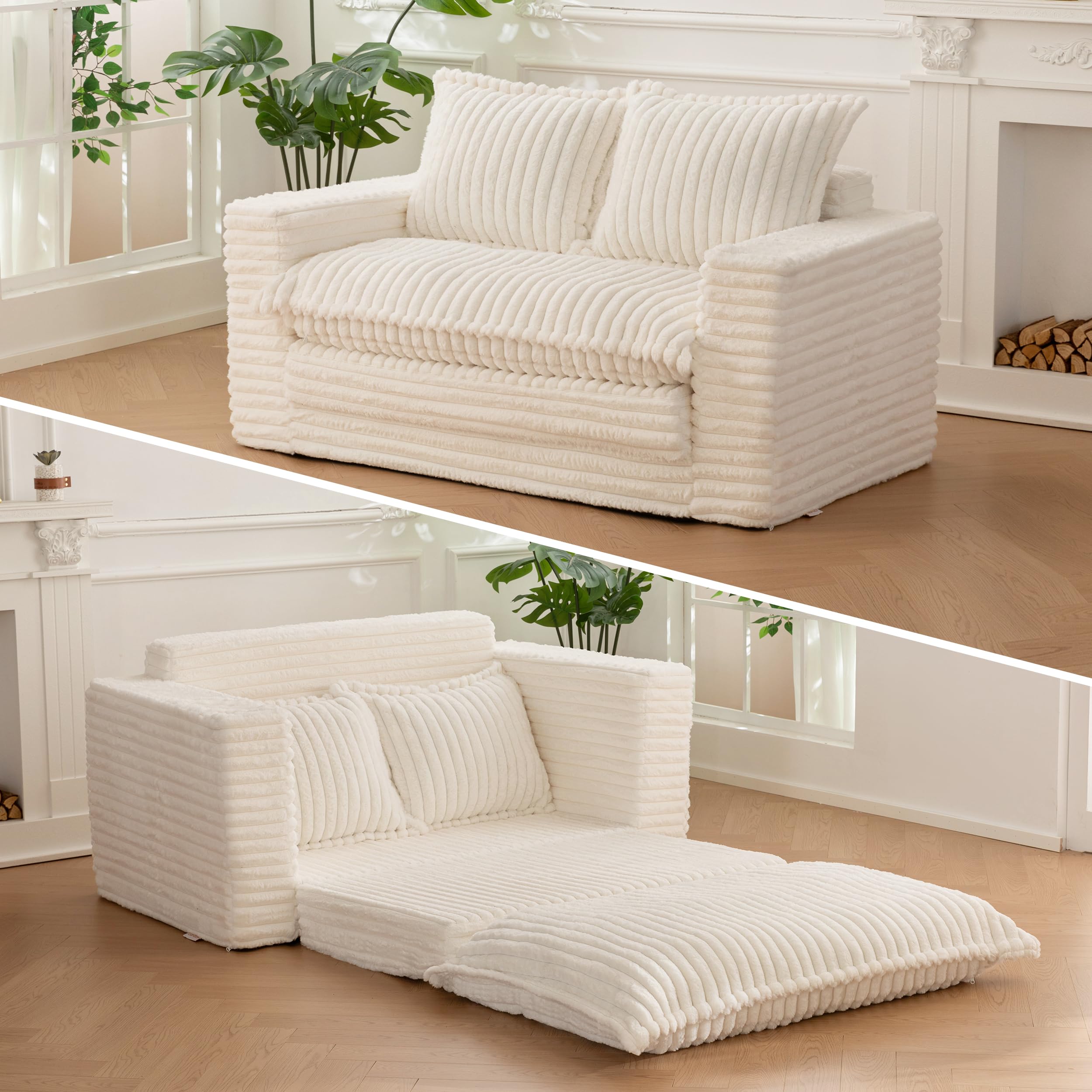 Photo 1 of Loveseat Sleeper Sofa, Convertible Sofa Bed Couch Futon Couches for Living Room, 3-in-1 Pull Out Floor Couch with Washable Cushion and Pillows, Beige