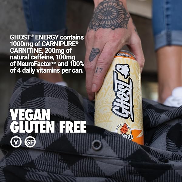 GHOST ENERGY DRINK – 12-PACK, ORANGE CREAM, 16OZ CANS – ENERGY & FOCUS & NO ARTIFICIAL COLORS – 200MG OF NATURAL CAFFEINE, L-CARNITINE & TAURINE – GLUTEN-FREE & VEGAN