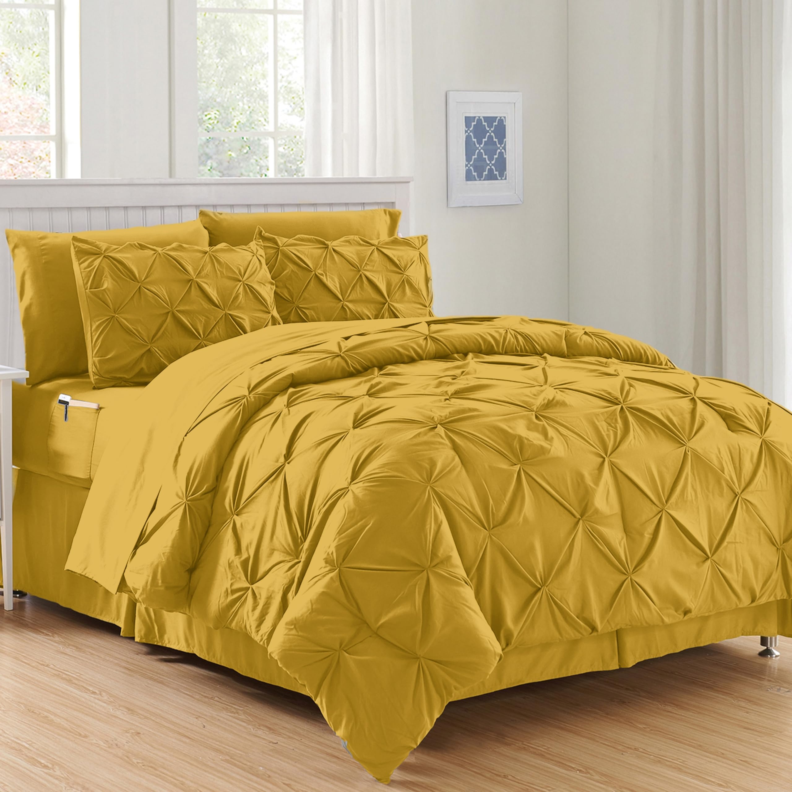 Elegant Comfort Luxury Softest, Coziest 8-Piece Bed-in-a-Bag Comforter Set - Silky Soft Complete Set Includes Bed Sheet Set with Double Sided Storage Pockets, Twin/Twin XL, Mustard Image