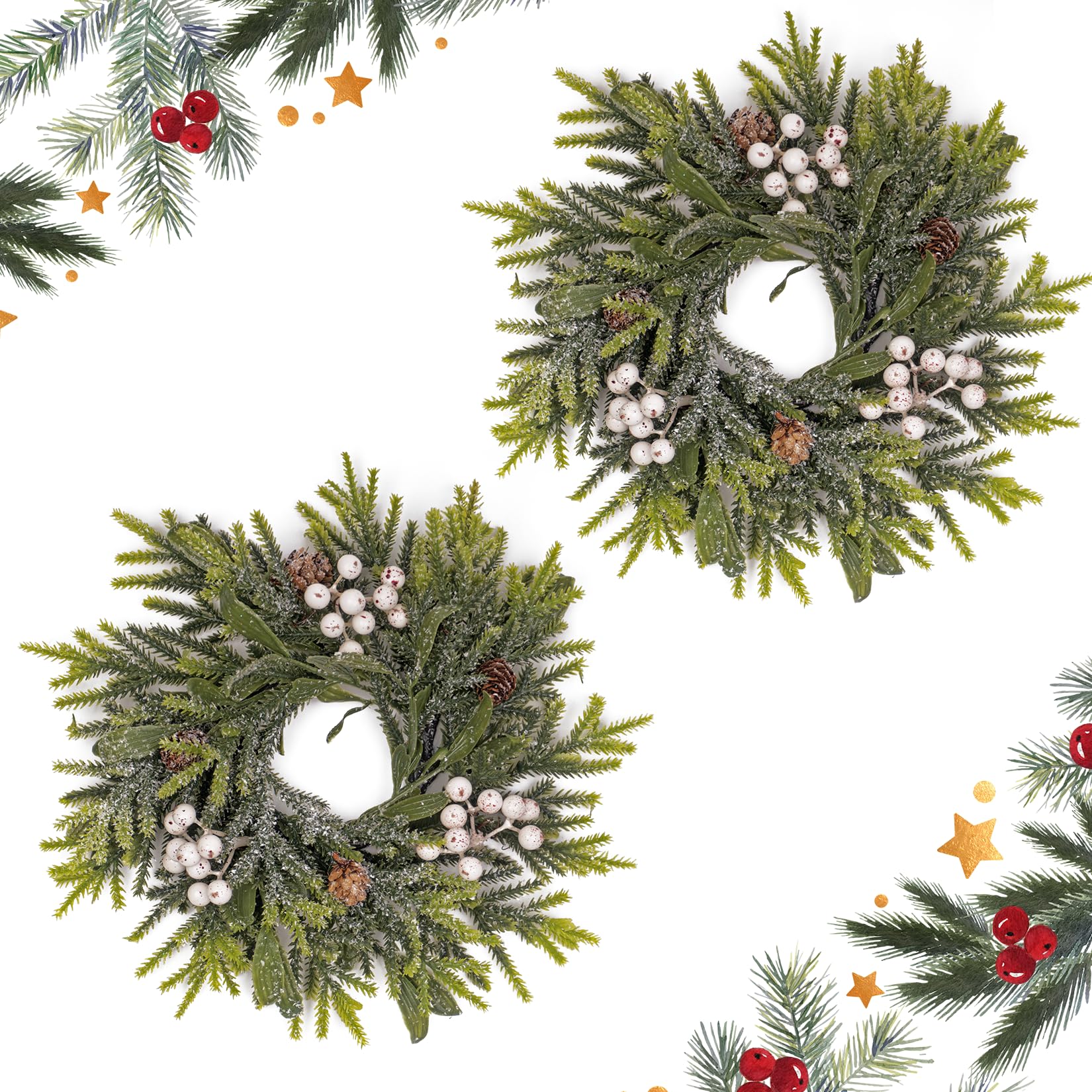 Photo 1 of 2 Pack Christmas Candle Rings Wreaths with White Berries and Pinecones, 11.6 Inch Artificial Pine Spruce Farmhouse Candle Rings for Pillar Candles, Winter Table Centerpieces, Christmas & Wedding Decor