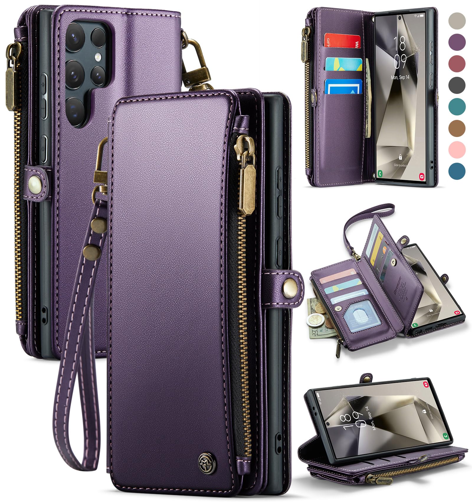 Photo 1 of Defencase Compatible with Samsung Galaxy S24 Ultra Case Wallet with RFID Blocking Card Holder for Women Men, PU Leather Magnetic Snap Flip Zipper Strap Phone Case Fit for Galaxy S24 Ultra 5G, Purple