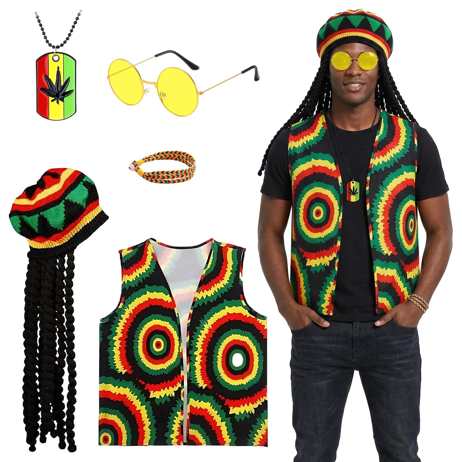 5Pcs Rasta Fancy Dress Costume Accessories, Jamaican Rasta Fancy Dress Set with Caribbean Vest Yellow Sunglasses Braided Dreadlocks Wig Hat Cap Bracelet for Women Men Carnival Halloween Cosplay Party
