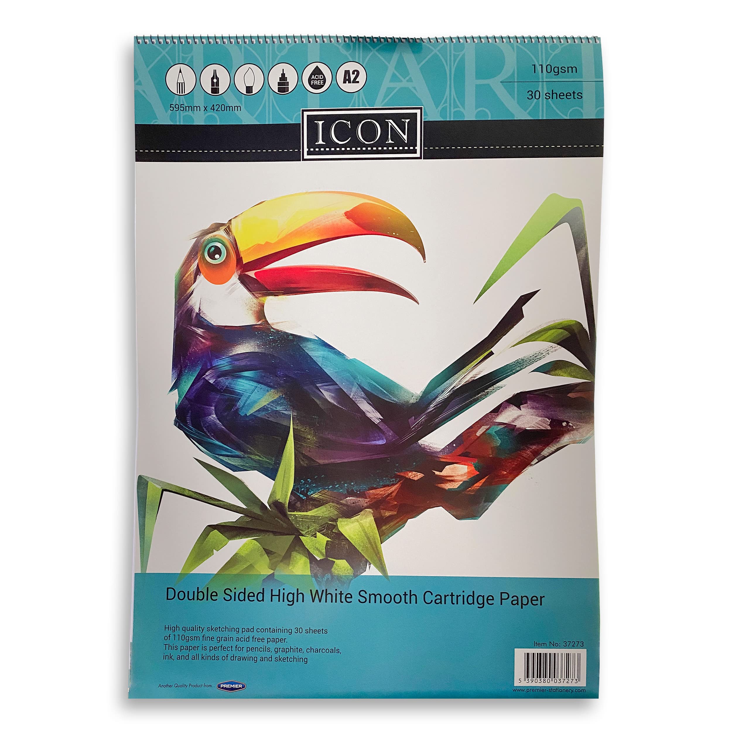 Premier Stationery Icon Spiral Bound Sketch Book, 110gsm A2 Sketchbook, Double Sided White Paper, Sketch Pad, Ideal for Sketch Pencils, Graphite & Charcoals (676g, 30 Sheets)