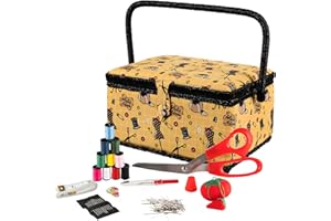 SINGER Sewing Basket with Sewing Kit Accessories, Yellow Vintage Handmade Print