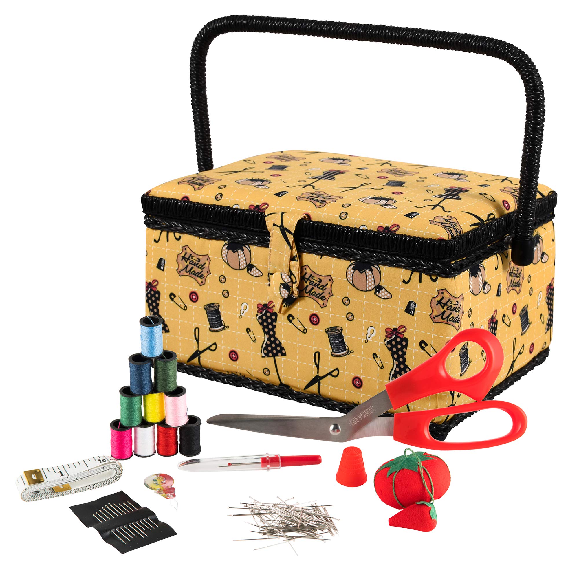 Photo 1 of SINGER Sewing Basket with Sewing Kit Accessories (Yellow Vintage)