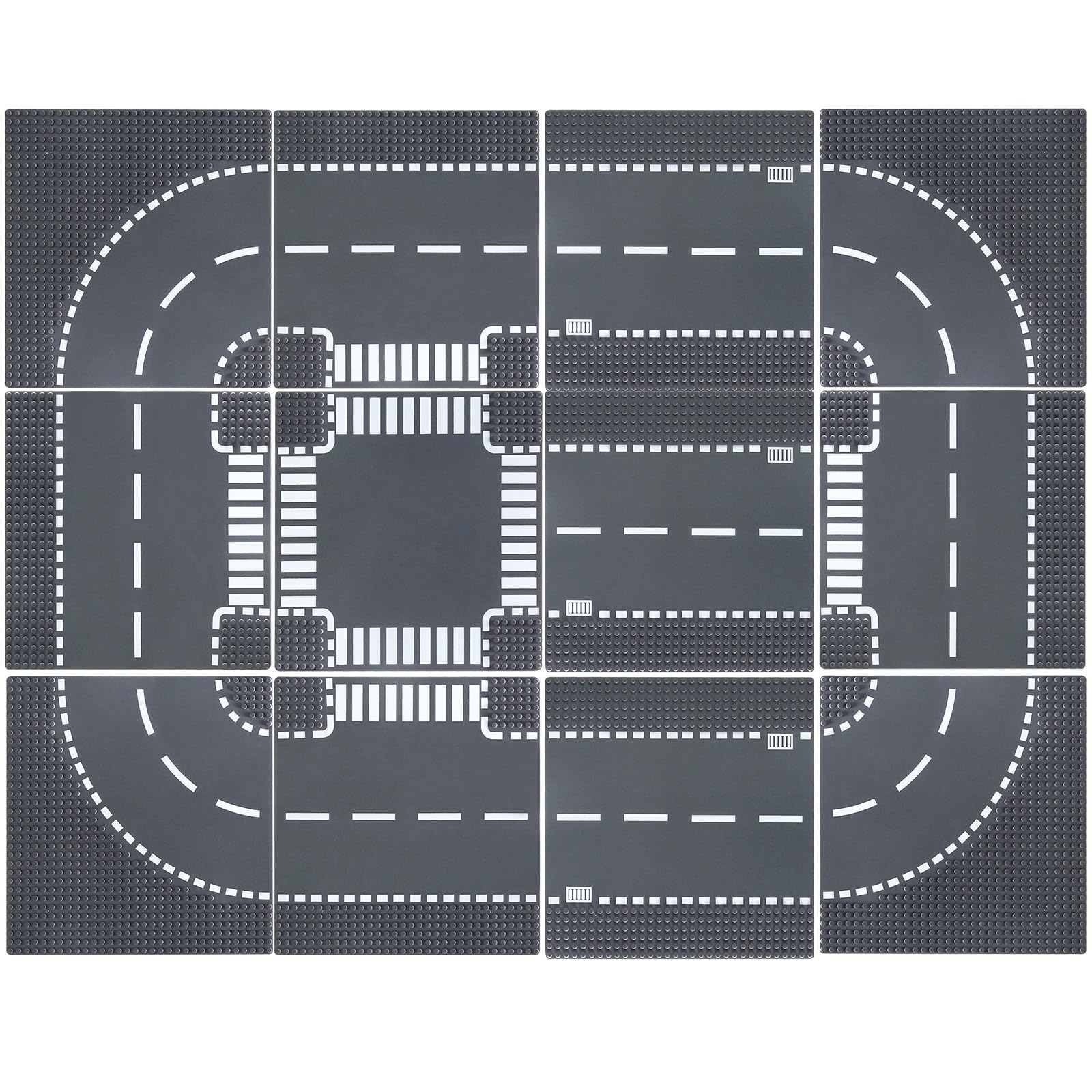 HUIZDQ 12 Piece Road Base Plates, City Street Road Building Baseplate Toys Compatible with All Major Brands, For Ages 3 and Up, 4 Curves, 4 T-Junctions, 3 Straights, 1 Crossroad, 10" x 10" (Grey)