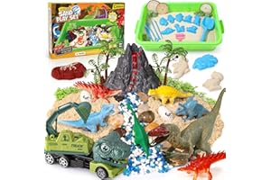 Cleboen Dinosaur Sensory Bin - 2lbs Magic Sand & Play Set, 10 Dinosaur Sand Molds & 7 Models with Truck, Sandbox, Dino Sensory Toys Birthday Gift for Toddlers Kids Boys Girls Age 3-5-7-8 Years Old