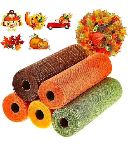10" X 10 Yards Fall Deco Poly Mesh Ribbon - 4 Pack Orange/Off White/Wooden/Green For Wreaths
