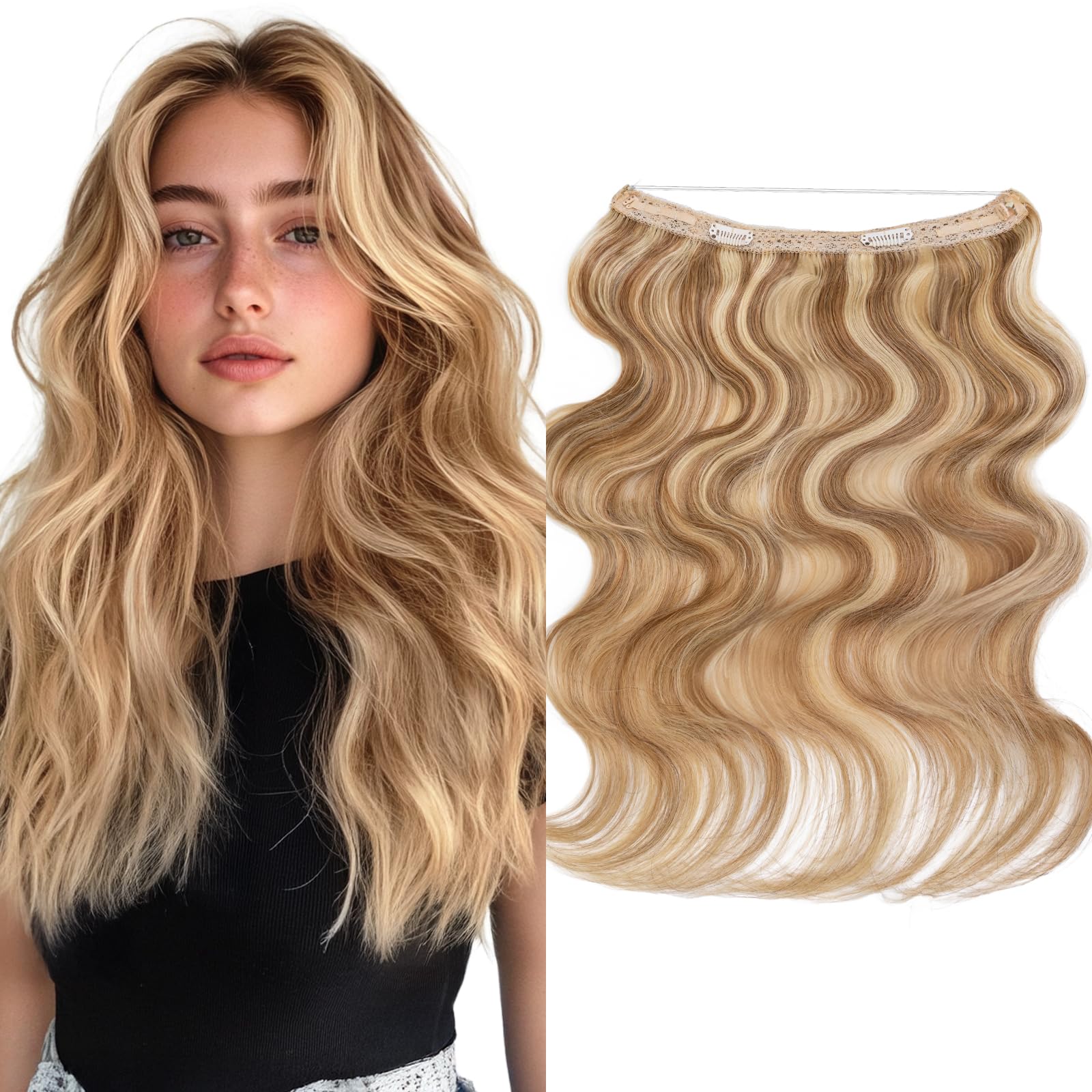 Photo 1 of Elailite Halo Hair Extensions Real Human Hair for Women Golden Brown & Bleach Blonde Wavy Hair Halo Clip in Remy Hairpiece with Adjustable Invisible Wire 16 Inch 65G