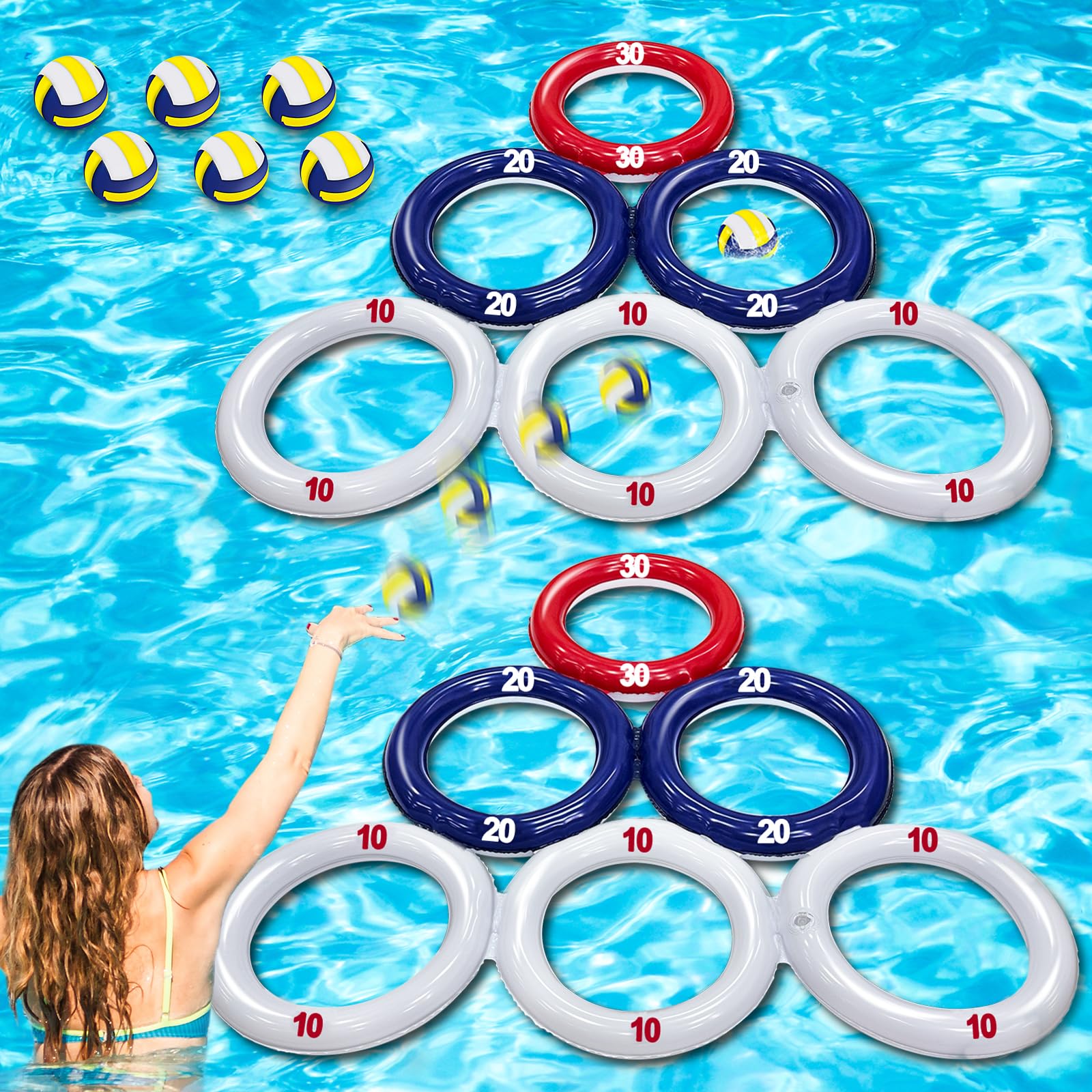 Photo 1 of TURNMEON 2 Pack 4th of July Inflatable Pool Toys Games with Score, Triangle Floating Water Sports Pool Toys with 6 Colorful Tossing Balls for Boys Girls Adults Independence Day Party Carnival Parade