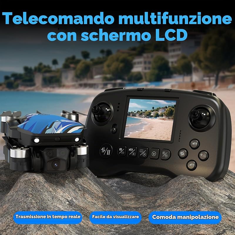 Drone con Camera, Schermo LCD FPV Live Video, Droni Motore Brushless, Sistema di Prevenzione Ostacoli a 270°, 3D Flips, Supporta Schede SD fino a 32 GB, Peso Inferiore a 250g per Beginners