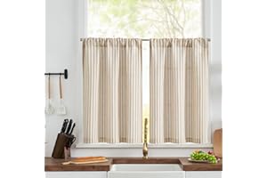 jinchan Striped Linen Kitchen Curtains 30 Inches Length Tier Curtains Farmhouse Modern Cafe Style Small Window Treatments Airy Light Filtering Rod Pocket for Living Room Bathroom 2 Panels Tan