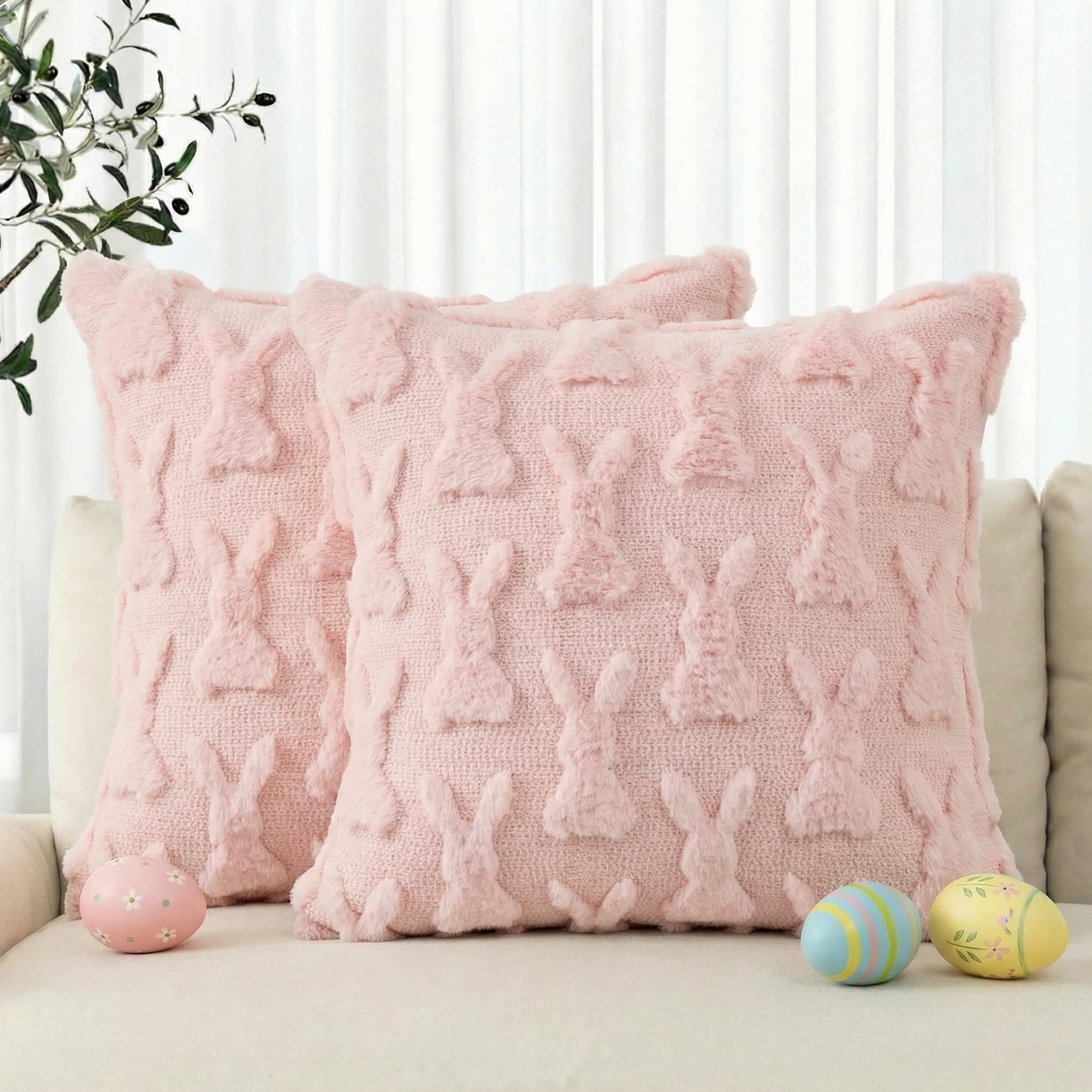 AVOIN colorlife Easter Rabbits Pink Throw Pillow Covers, 16 x 16 Inch Bunny Soft Plush Faux Fur Jacquard Cushion Case Decoration for Sofa Couch Set of 2
