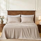 Simple&Opulence 100% Viscose Derived from Bamboo Sheet Set 4pcs Luxury Cooling Soft Breathable Satin Striped Bed Sheet Set with 15-Inch Deep Pocket Perfect for Hot Sleepers (Beige,King)