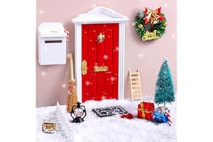Elcoho 17-Piece Christmas Elf Wooden Miniature Fairy Door Set with Accessories - Red Mini Door, Outdoor Christmas Decor for Kids Gift & Party DIY Craft