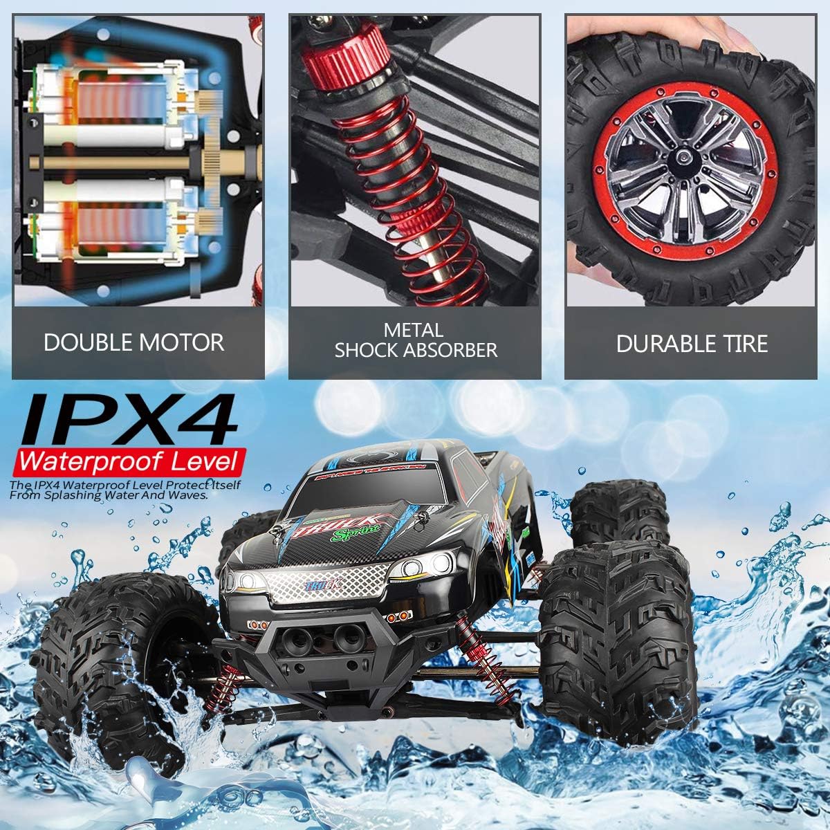 Hosim Large Size 1:10 Scale High Speed 46km/h 4WD 2.4Ghz Remote Control Truck 9125,Radio Controlled Off-Road RC Car Electronic Monster Truck R/C RTR Hobby Grade Cross-Country Car (Blue): Toys & Games