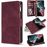 ZZXX for Samsung Galaxy S22 Ultra Case Wallet with Card Slot Premium Soft PU Leather Zipper Flip Folio with Wrist Strap Kickstand Protective for Samsung S22 Ultra Wallet Case(Wine Red-6.8 inch)