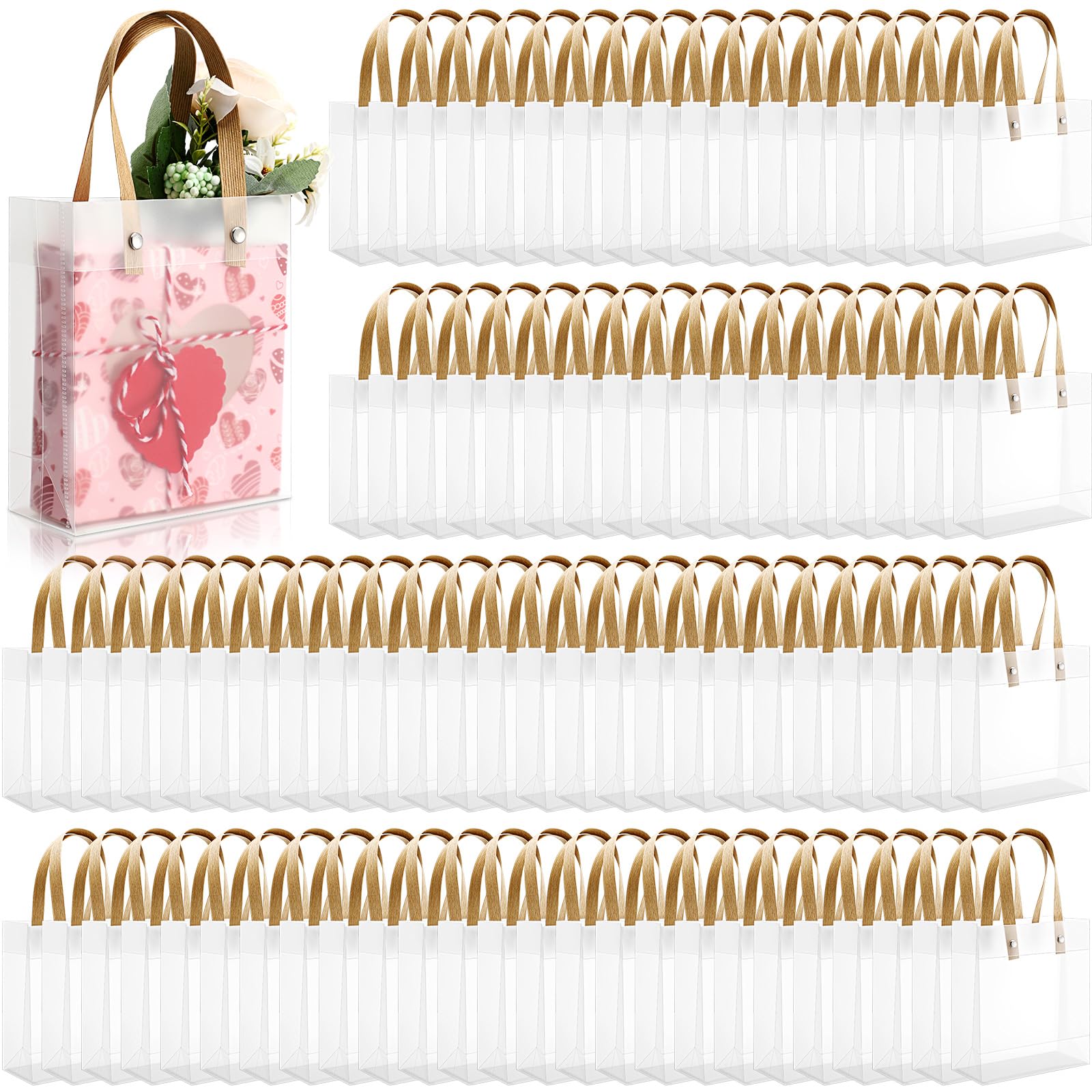 Photo 1 of Qilery 100 Pcs Clear Frosted Gift Bags with Handles, 5.9 x 5.1 x 2.36 Inches Small Plastic Goodie Bags Reusable Transparent Party Favor Bag for Wedding Birthday Baby Shower Boutique DIY