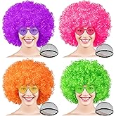 PLULON 4 Pack Colored Afro Wig with Heart Sunglasses Hair Cap for Women Men, Funny Curly Afro Wigs Disco Hippie Party Hairpieces for Halloween Costume Cosplay Party Carnival Music Festival Decor
