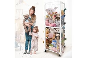 MEGAPUXIN Stuffed Animal Storage Zoo with Wheels, Large Stuff Animals Plushies Holder Toy Organizer Kids Plush Storage Cage PVC with Elastic Band and Net for Nursery Playroom Corner for Toddler Boys Girls
