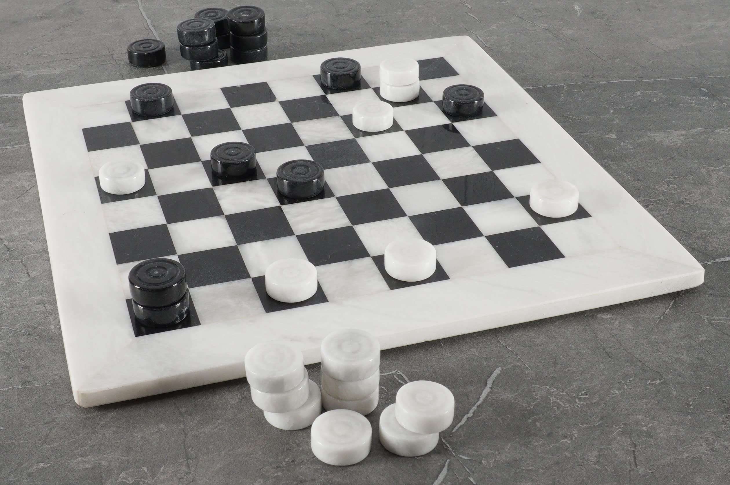 Radicaln Marble Checker Board Game 15 Inches White and Black Handmade Tournament Checkers Set - Draughts Board Games - Marble Checkers