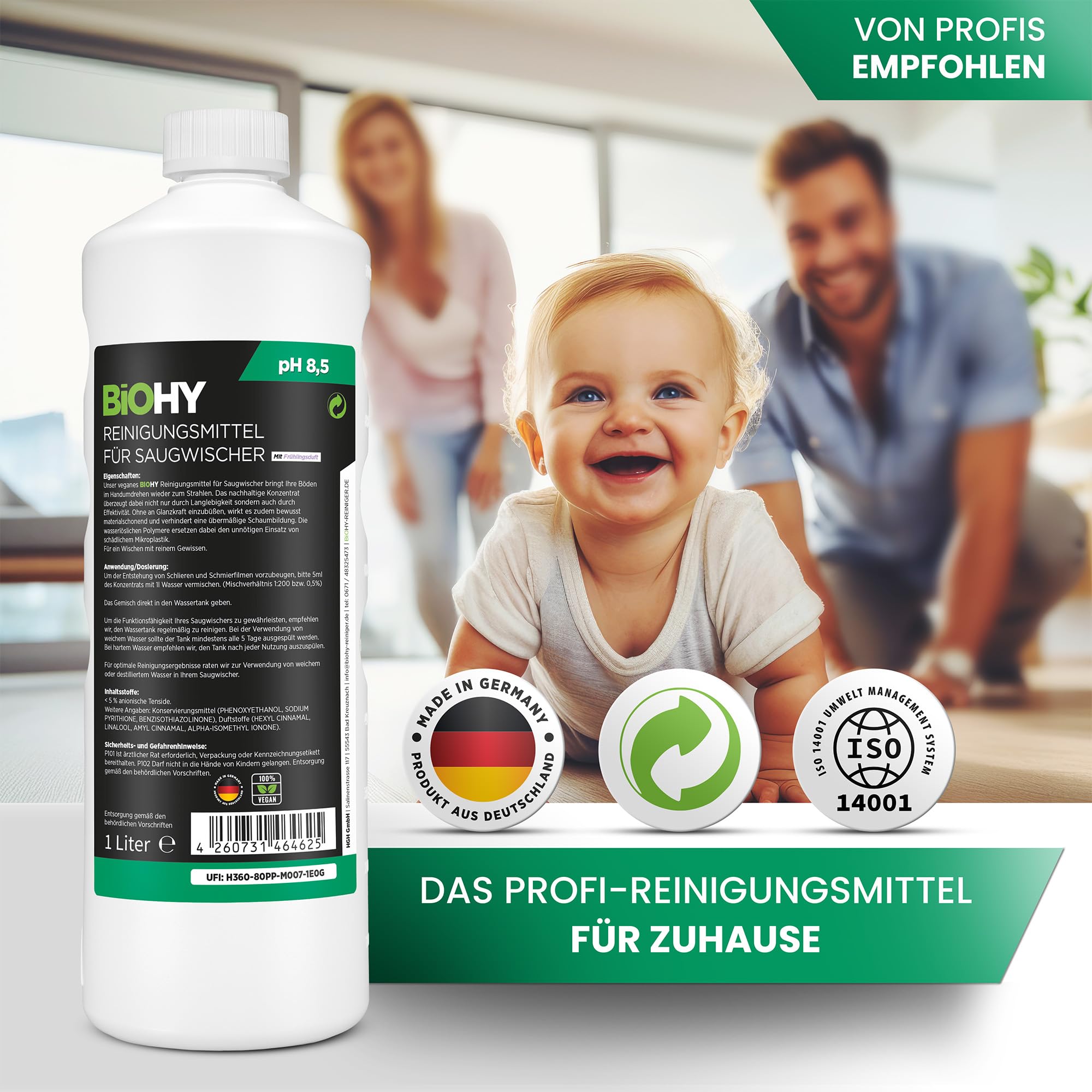 BiOHY Reinigungsmittel für Saugwischer mit Frühlingsduft (1l Flasche) | 1:200 Konzentrat für alle Nass-Trockensauger & Waschsauger | Für Fliesen, PVC, Parkett, Laminat & Teppich | Schaumarm 5