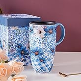 Topadorn Ceramic Travel Mug Porcelain Latte Tea Cup Coffee Mug with Gift Box,17oz.Travel Cup with Lid, Microwave & Dishwasher Safe, Unique Coffee Mug for Latte & Hot Chocolate, Blue Flowers