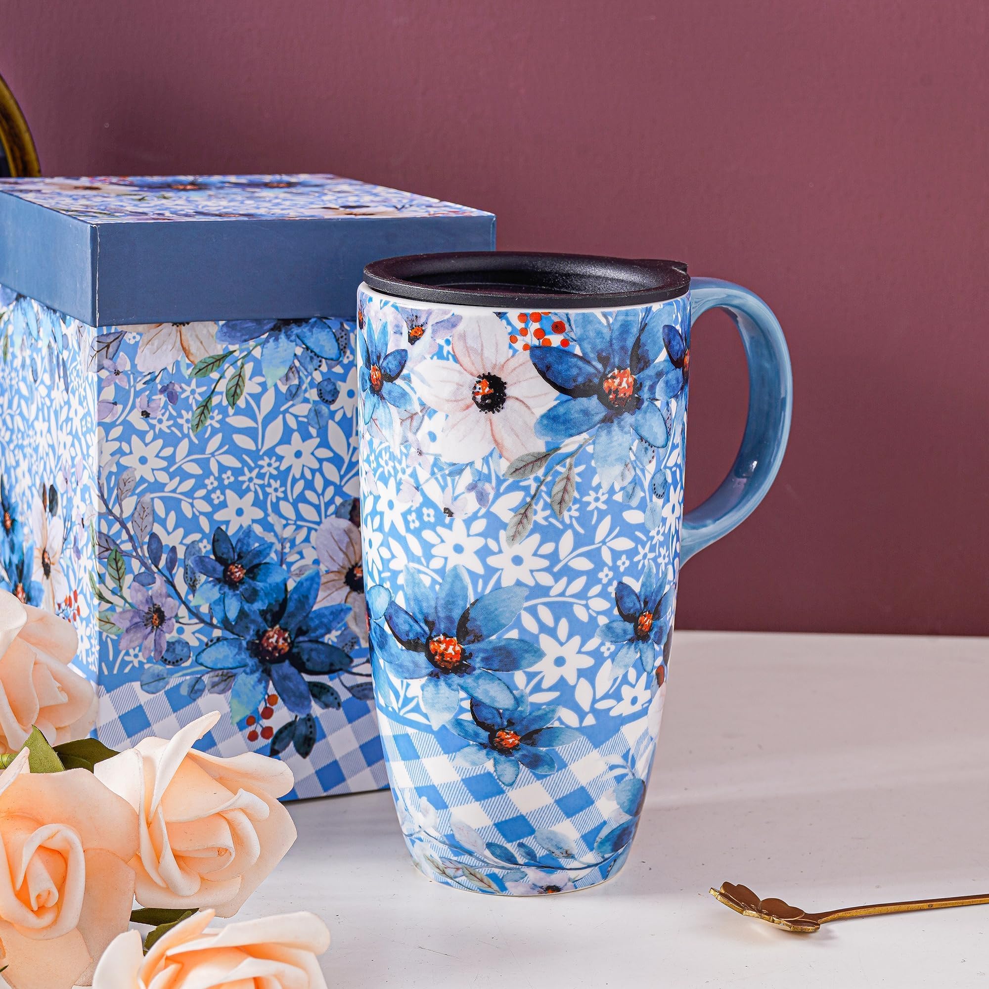Topadorn Ceramic Travel Mug with Lid and Handle - Gift for Coffee Lovers, Latte Teacup, Milk Cup in Color Box, 17 Oz, Blue Flowers