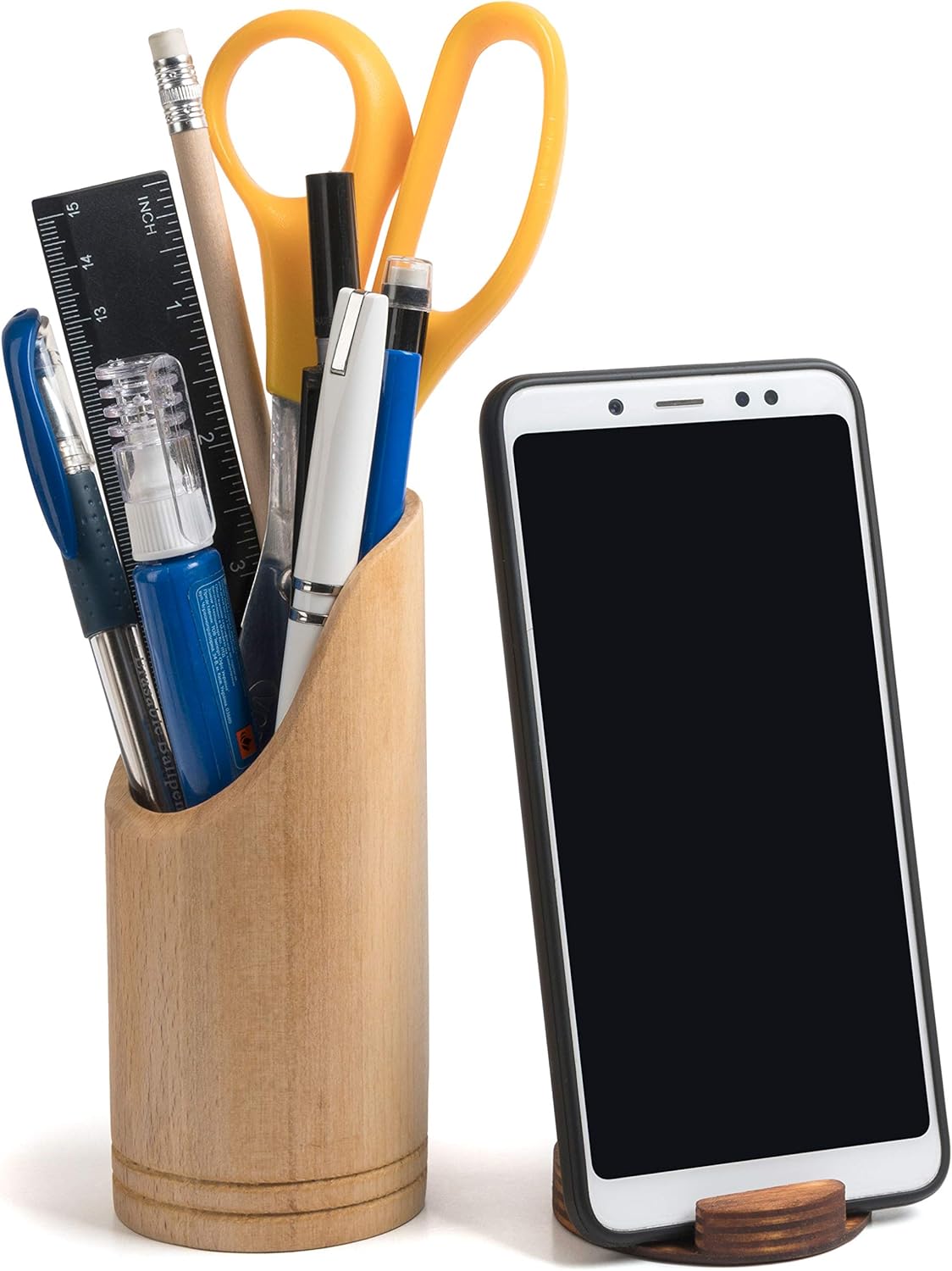 Wooden Pen Stand Pencil Cup Holder Desk Accessories Multiple-Use Desktop Storage Cosmetics Organizer Makeup Brush Holder Cylinder Supplies Organizer Caddy for Office Home School - Phone Stand included