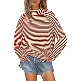 Yanekop Womens Striped Mock Neck Shirts Oversized Long Sleeve Tops Casual Pullover Tops Fall Fashion Basic Tees