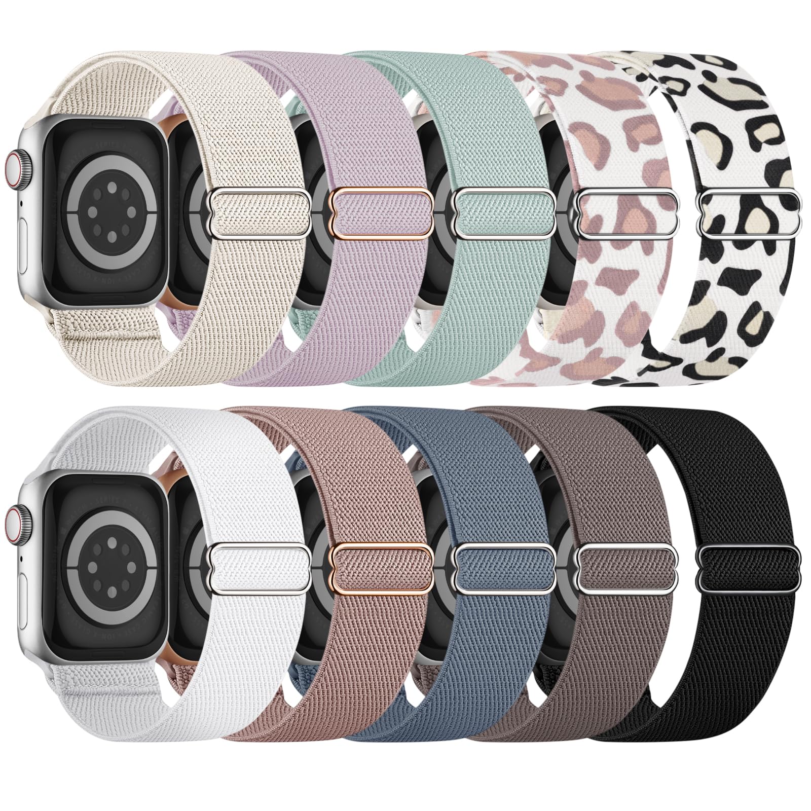 Photo 1 of 10 Pack Stretchy Bands Compatible with Apple Watch Band 40mm 38mm 41mm 42mm 44mm 45mm 46mm 49mm Women Men, Nylon Solo Loop Elastic Sport Straps for iWatch Series 10 9 8 7 6 5 4 3 SE Ultra