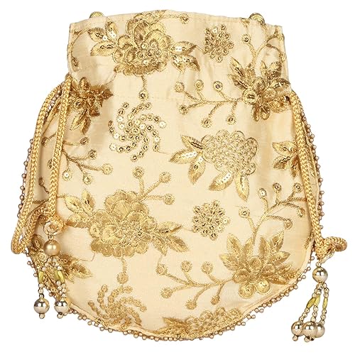 Ethnic Designer Embroidered Silk Potli Bag Batwa Pearls Handle Purse (Golden-6)