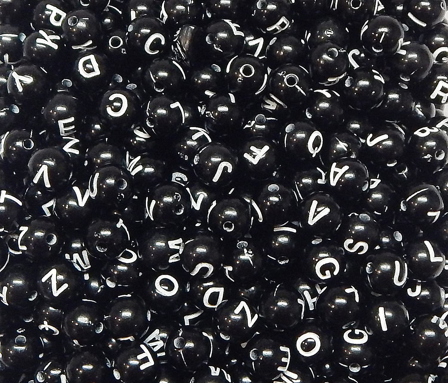 200 letter beads, plastic letter, black beads with white letters, A-Z, 8 mm round beads for bracelet, choker, jewellery or other crafts