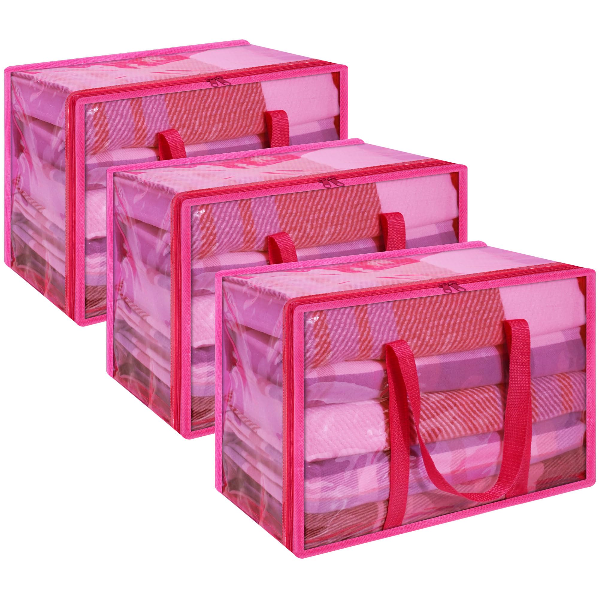 Vieshful 3 Pack Clear Storage Bags Clothes Storage Bags with Zips 60L Transparent Underbed Storage for Clothing, Blankets, Duvet, Pillow, Pink